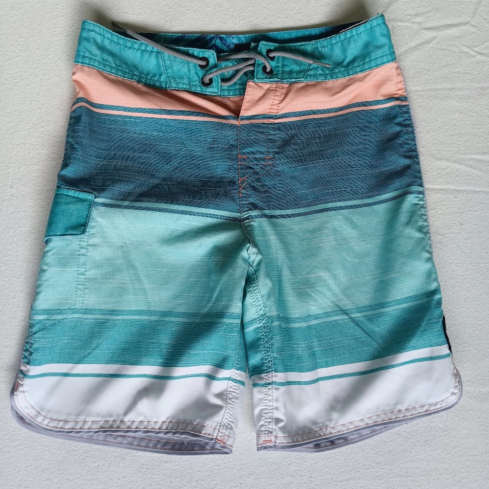 Rip Curl Swimwear Size 6/7 Boys Teal Peach Striped Board Shorts Surf Summer